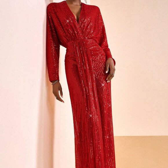 Red Elegant Women's Sequined Beaded Dress - Picture 3 of 7